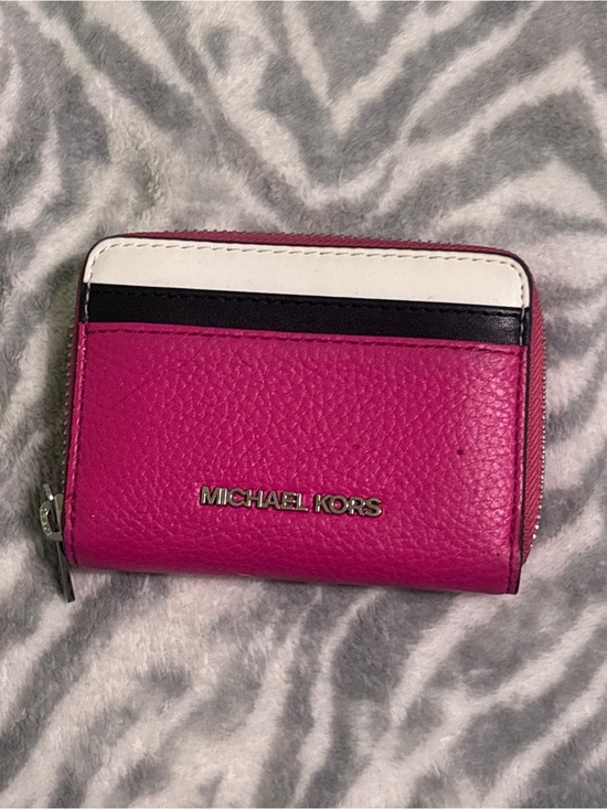 Michael Kors Handbags - Michael Kors Hot Pink Leather Zip Card Wallet with Black and White Trim